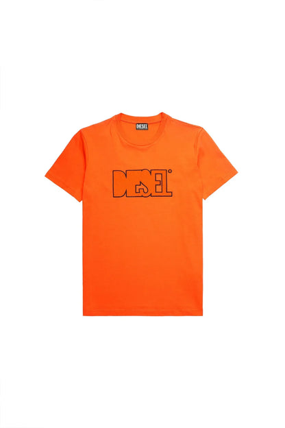 Orange short-sleeve crewneck T-shirt with front Diesel logo graphic