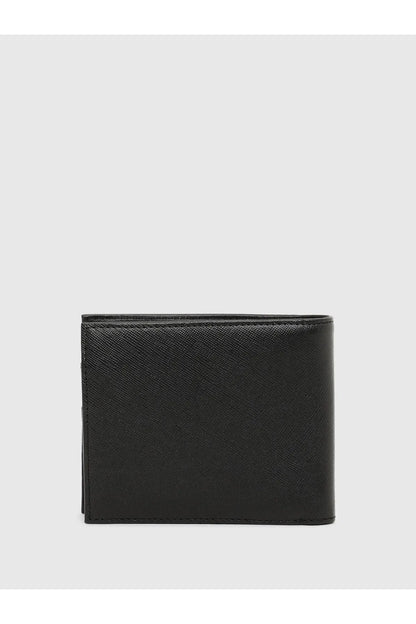 Black leather bifold wallet with solid front and minimal stitching