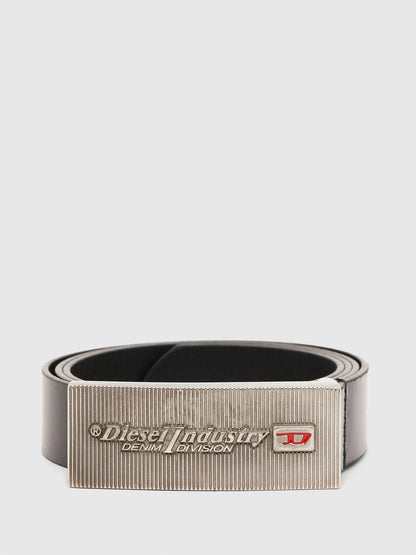 Diesel black leather belt with silver logo buckle and ribbed keeper strap