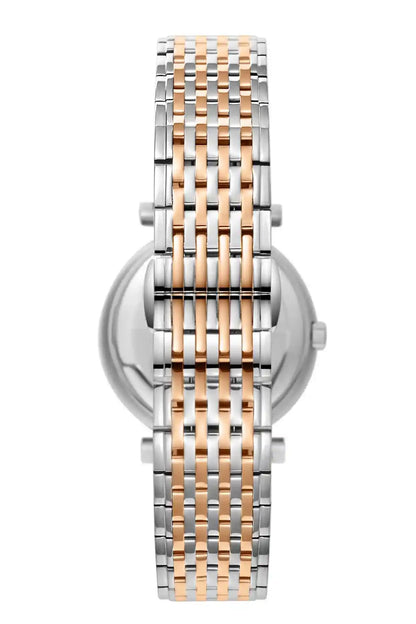 Silver and rose gold link wristwatch with round case and metal bracelet