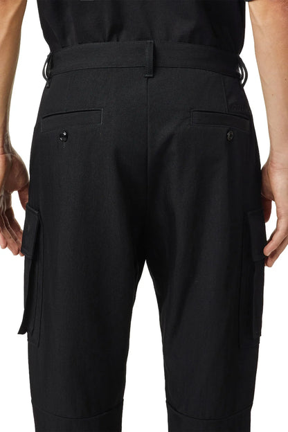 Black cargo pants with belt loops and two front flap pockets