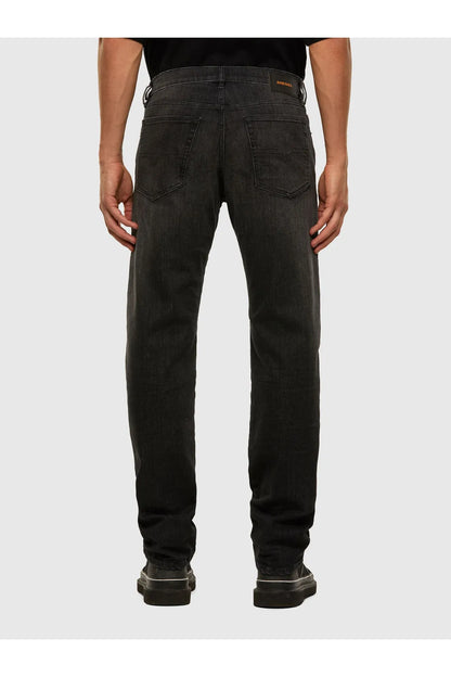 Charcoal denim jeans with belt loops, button closure, and straight-leg fit