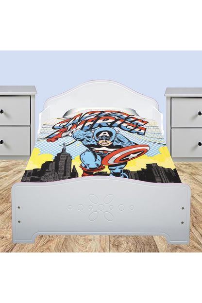 Disney Captain America comic blanket on bed, blue suit figure and shield with yellow accents