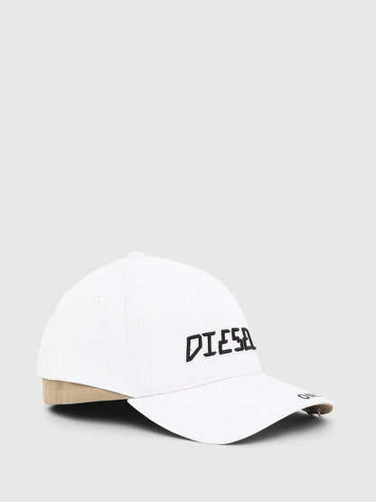 White Diesel baseball cap with embroidered DIESEL logo on front panel