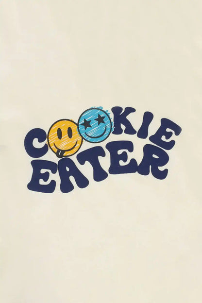Ecru kids T-shirt front close-up of Cookie Eater graphic