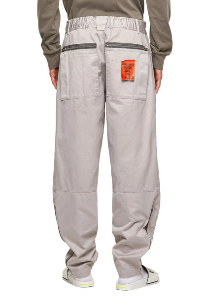 Light grey cargo pants, back patch pocket, orange label, adjustable hems