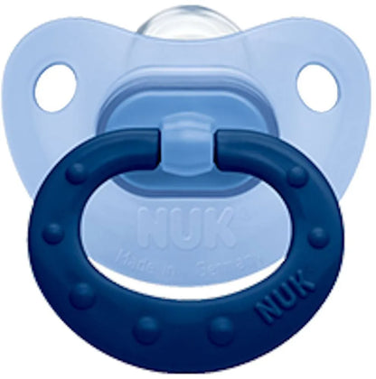Light blue silicone baby pacifier with dark blue rim and two side holes
