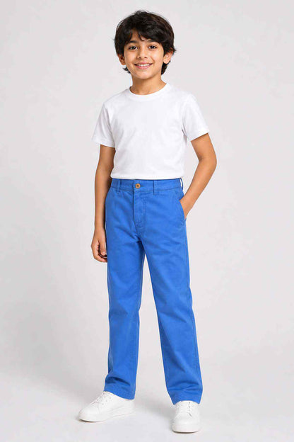 Blue denim pants for kids with button waist and straight legs.