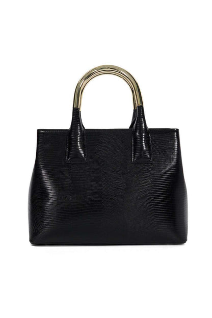 Black structured tote bag with gold top handles and twin front tabs