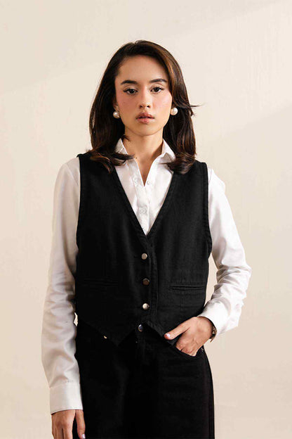 Fitted black V-neck button-front sleeveless vest, front view