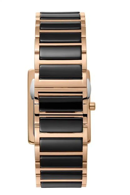 Rose gold and black link bracelet wristwatch with black dial and side crown