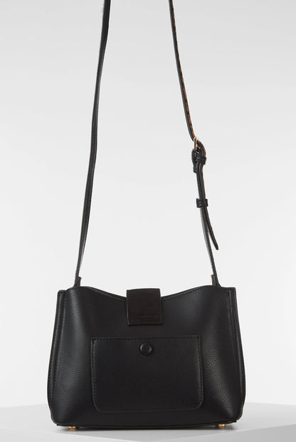 Black leather-look shoulder bag with front flap pocket and adjustable strap