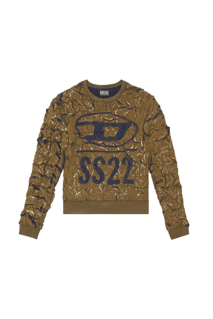 Diesel crewneck sweatshirt in olive with blue S6222 print, long sleeves, ribbed neckline