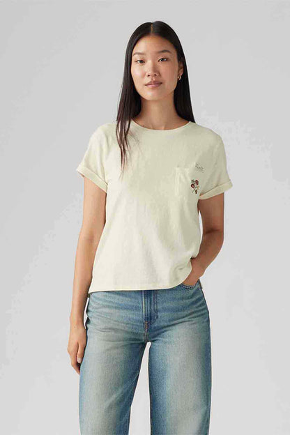 Off-white Levi's T-shirt with short sleeves and small floral chest embroidery
