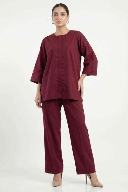 Dark maroon tunic top with elbow sleeves and matching cropped wide-leg pant set