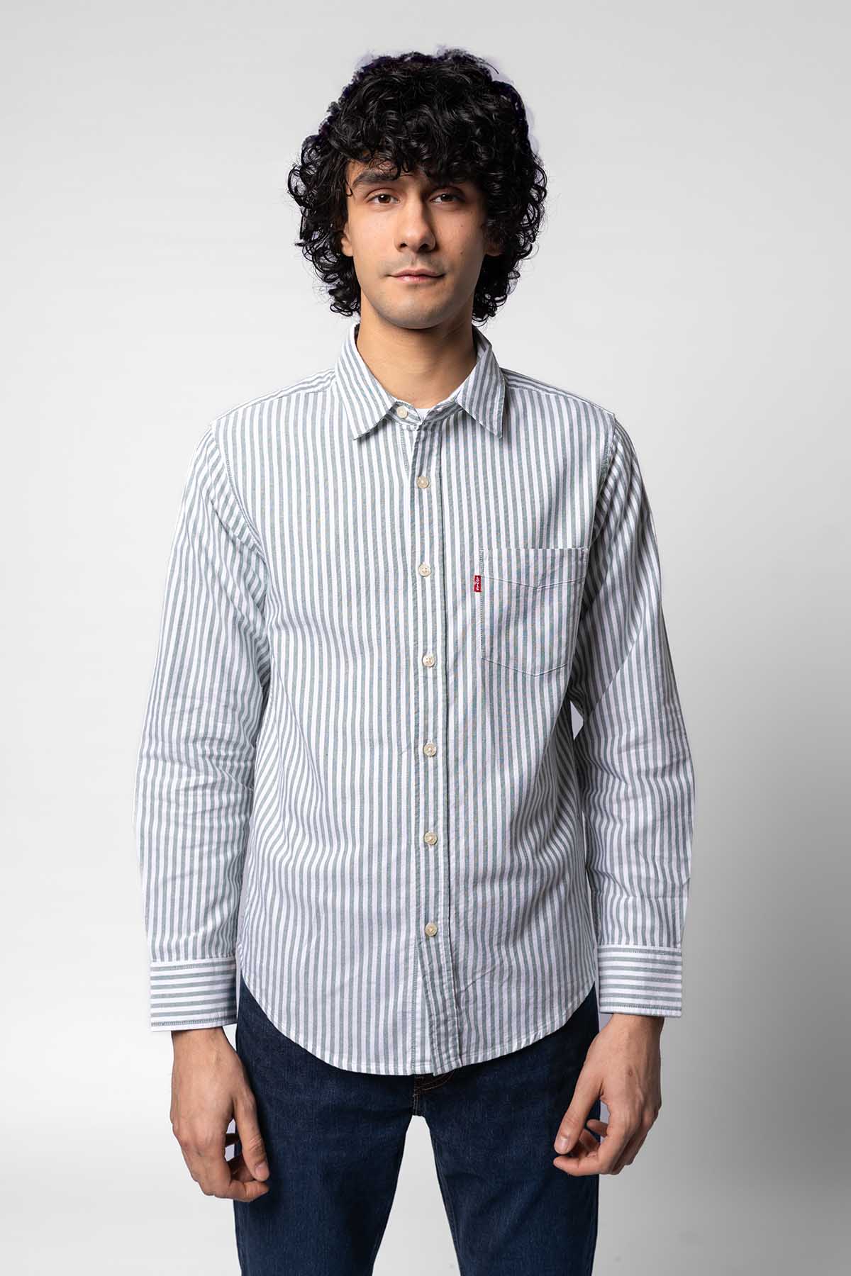 Levi's light blue striped button-up shirt with long sleeves and button front