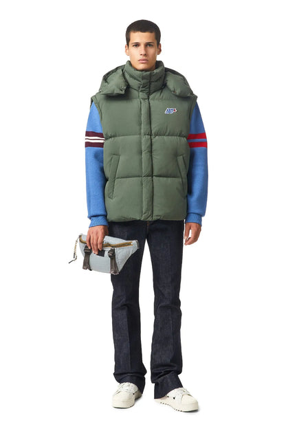Diesel green hooded quilted vest over blue sleeves with striped cuffs