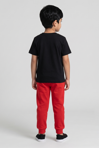 Black T-shirt and red jogger pants set, plain back view