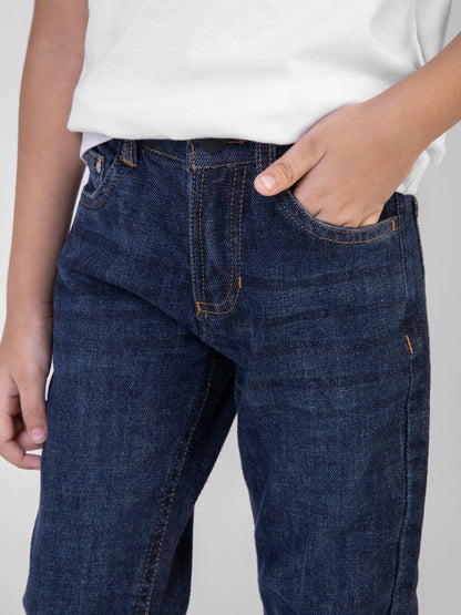 Brumano blue denim jeans close-up of waistband and front pocket