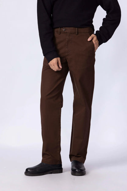 Men's brown chinos with button-zip fly and belt loops