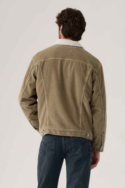 Khaki denim jacket back view with yoke stitching and button placket