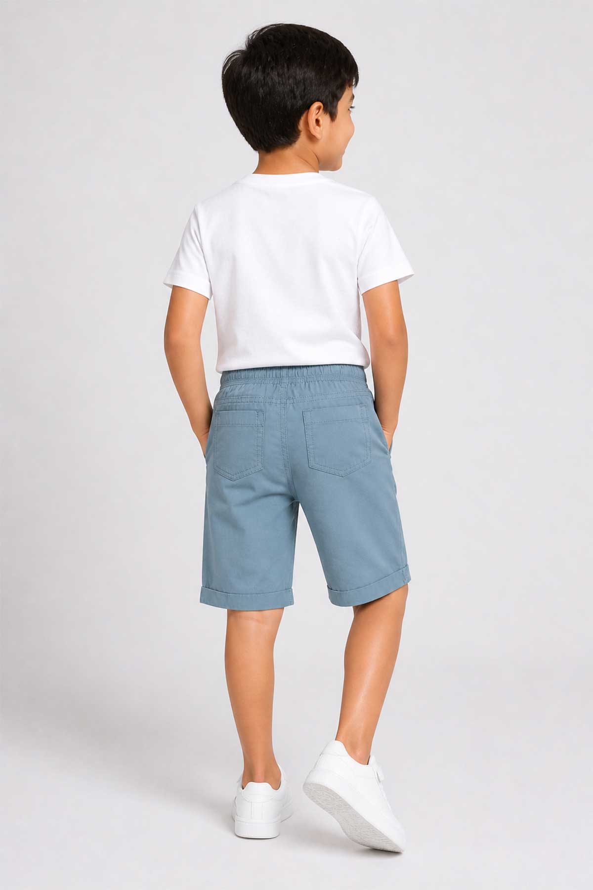 Light blue denim drawstring shorts, back view with patch pockets