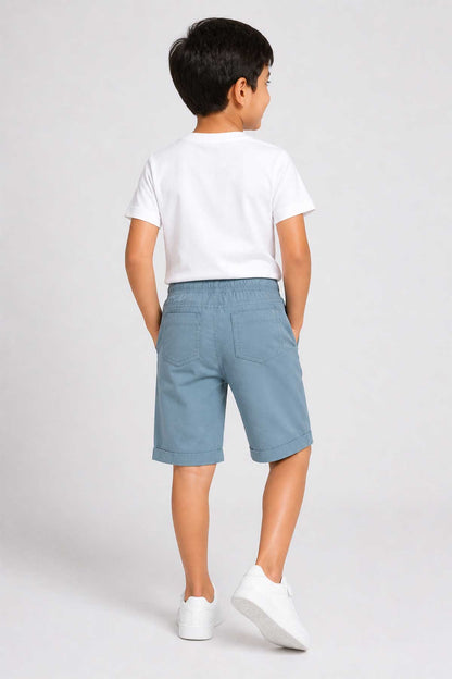 Light blue denim drawstring shorts, back view with patch pockets