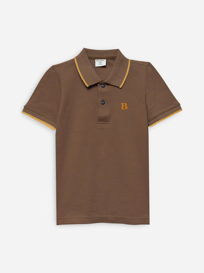 Brown cotton polo shirt with yellow collar trim, button placket, and embroidered B logo