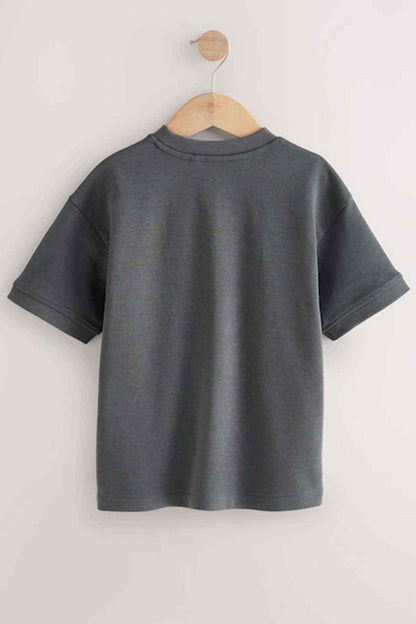 Kids dark grey graphic T-shirt on hanger with crew neck and 'SUBSCRIBE' logo