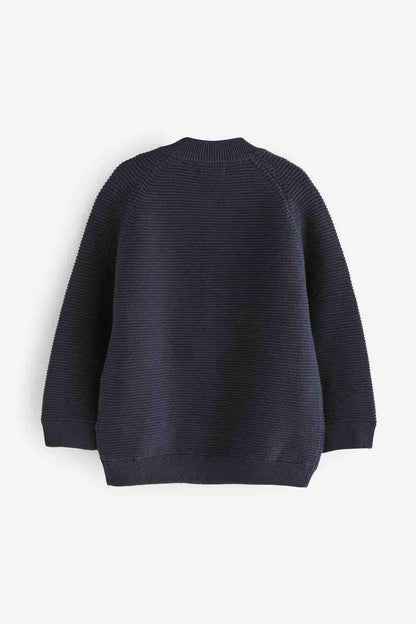 Navy knit zip-up jacket back view with long sleeves and ribbed hem