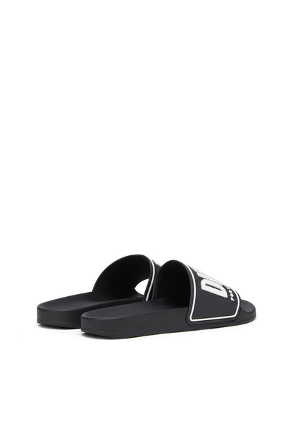 Pair of black slide sandals with logo strap