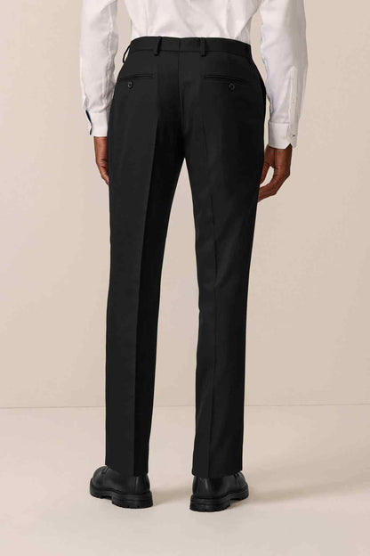 Black tailored trousers back view, crease detail and belt loops