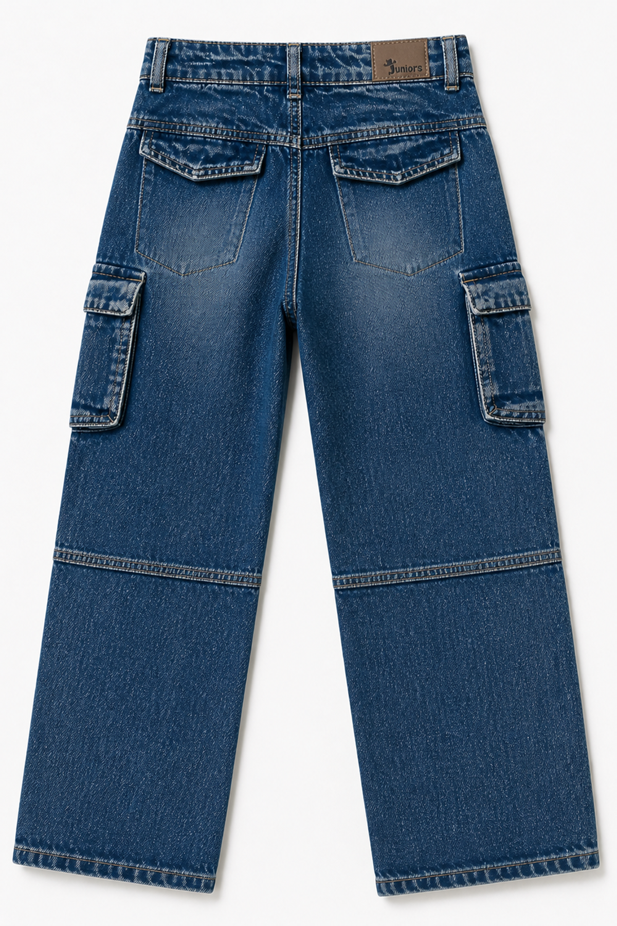 Blue denim cargo jeans with back pockets and stitched seams