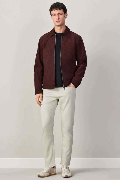 Men's stone slim-fit pants with belt loops and zip fly