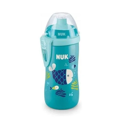 Nuk teal sippy cup with fish print, straw lid and carry loop