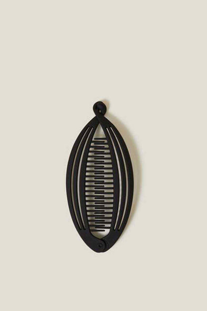Black oval hair comb with wide curved teeth and two round end pieces