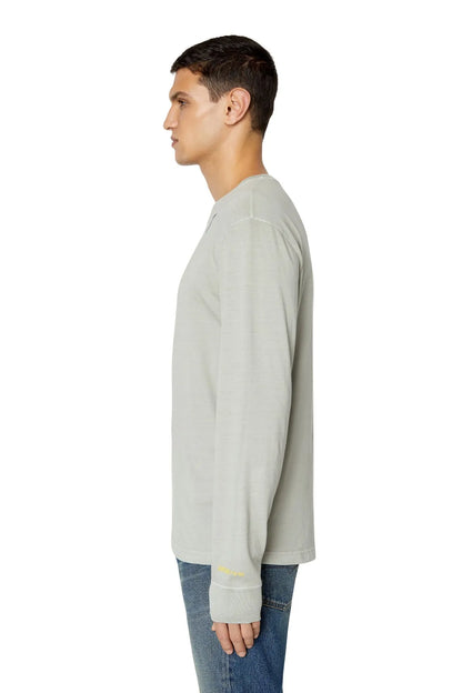 Men's light beige long-sleeve T-shirt shown from the side with crew neckline