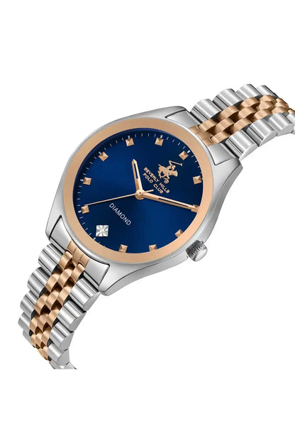 Two-tone wristwatch with blue sunray dial, gold indices, diamond markers, metal bracelet