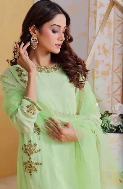 Fiona light green embroidered kurta and dupatta detail, close-up