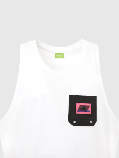 White tank top with round neck and graphic chest pocket patch
