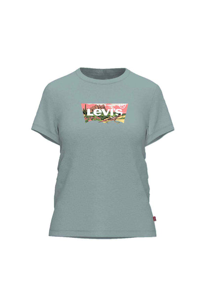Levi's short-sleeve T-shirt, crew neck, light gray-green with colorful logo graphic.
