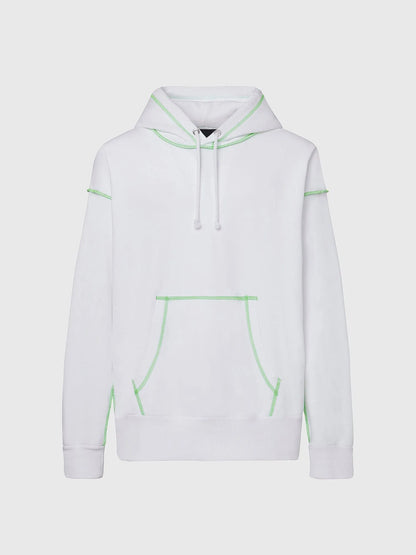 Diesel white hoodie with green trim, hood drawstrings, and large front graphic