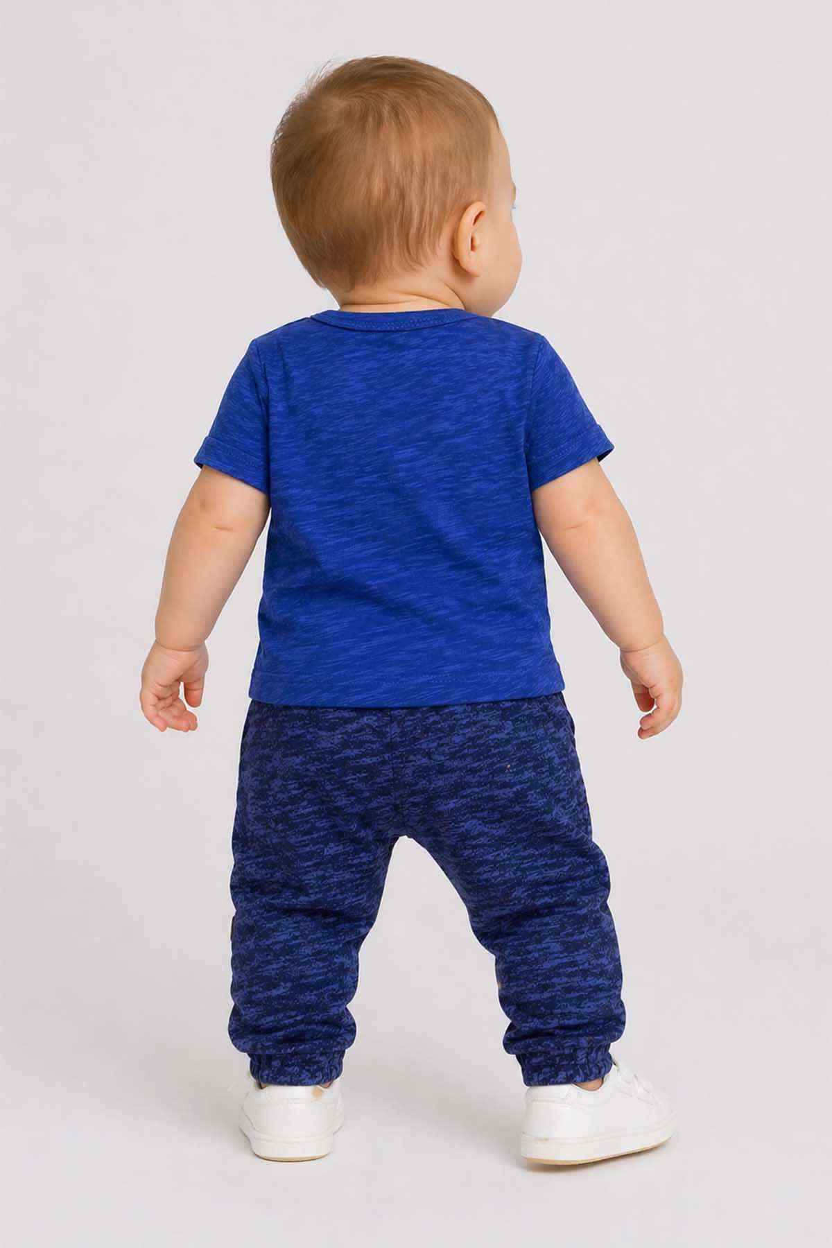 Blue baby T-shirt and jogger set, back view with drawstring waist