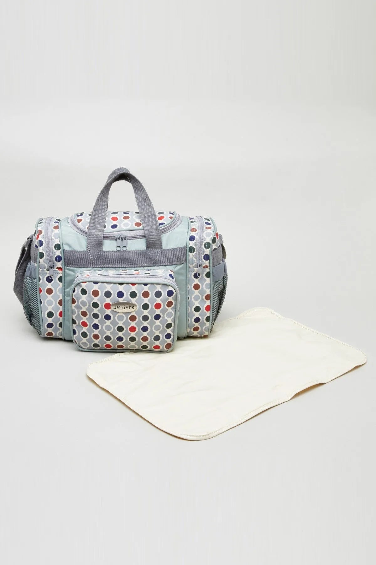 BABYSHOP grey patterned baby duffel bag with front pocket and folded changing mat
