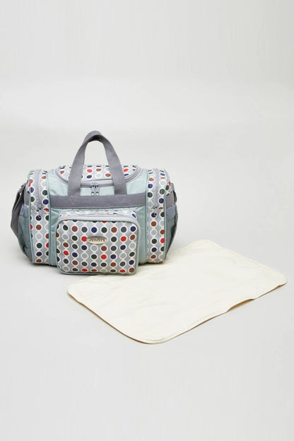 BABYSHOP grey patterned baby duffel bag with front pocket and folded changing mat