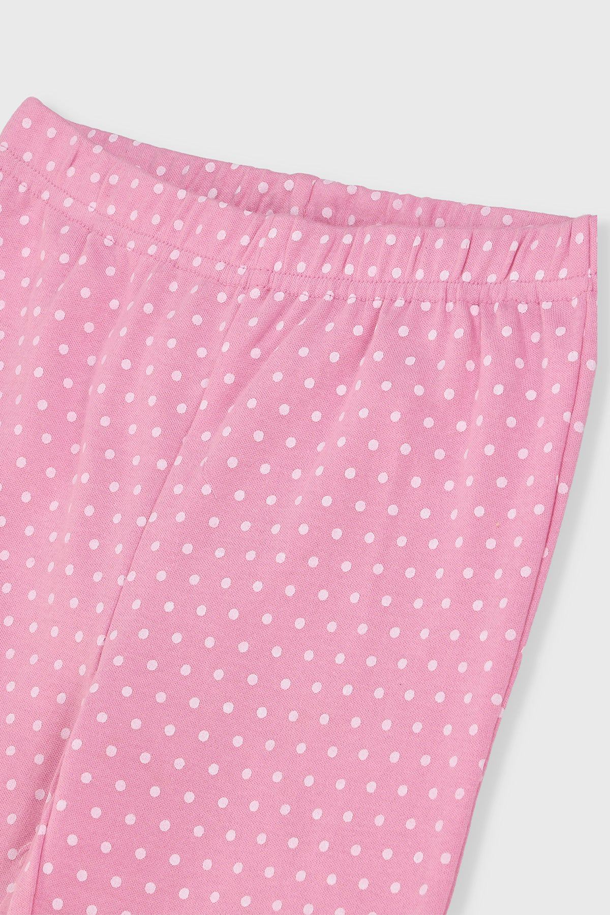Pink polka-dot pajama pants with elastic waistband