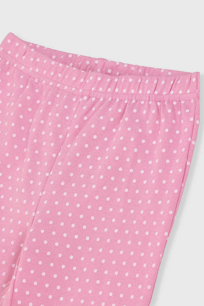 Pink polka-dot pajama pants with elastic waistband