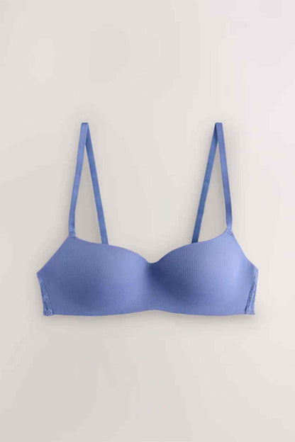 Two-pack women's bras: blue ribbed balconette bra and white/cream smooth balconette