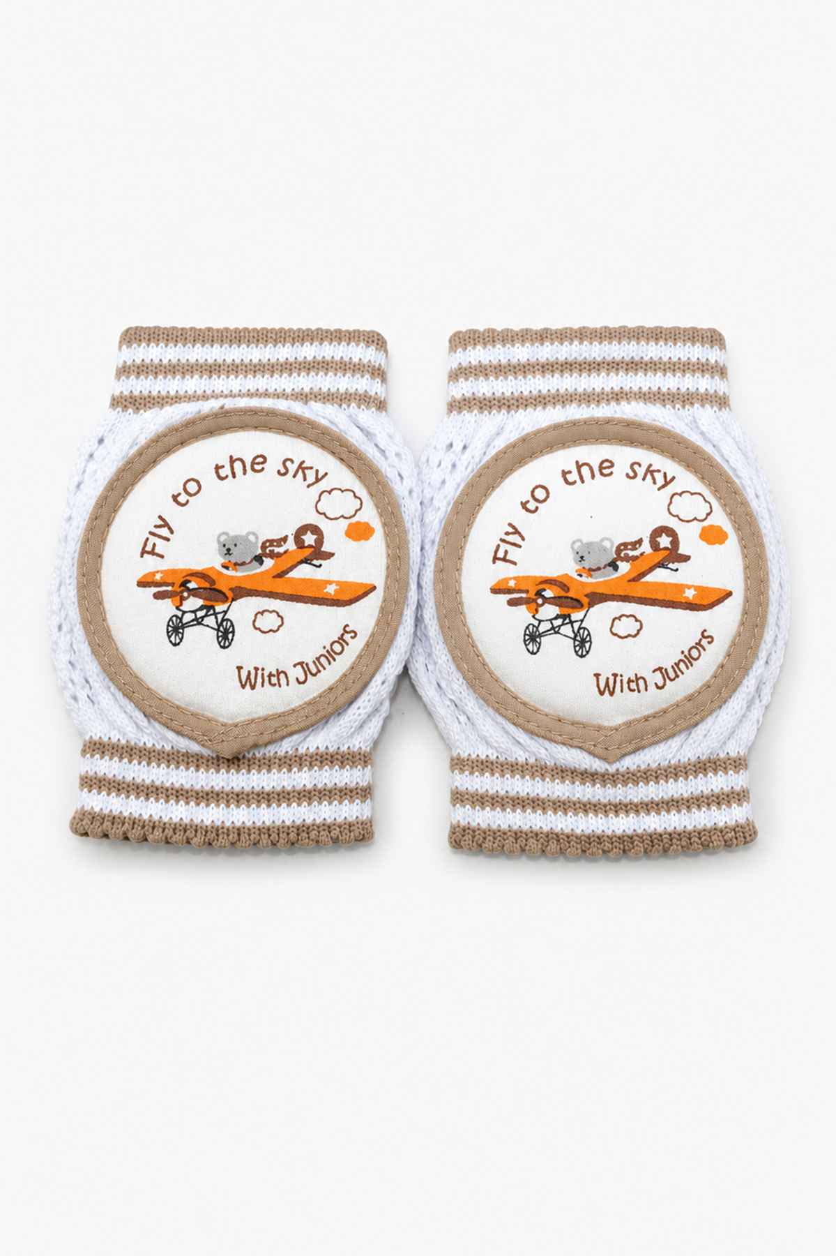 Pair of light knit baby socks with round airplane patch and striped cuffs