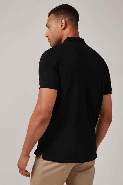 Men's black polo shirt back view with short sleeves